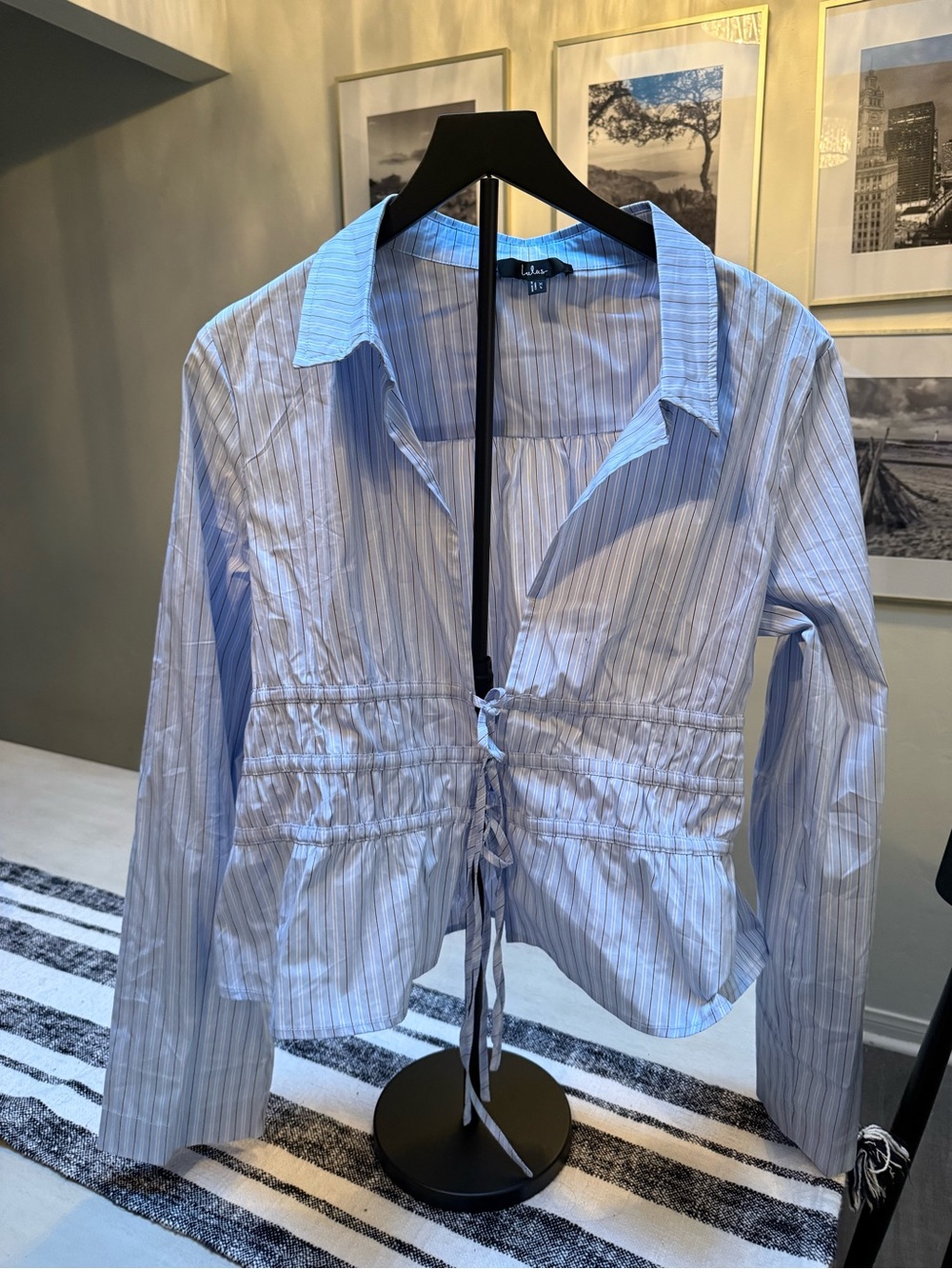 Lulu's Light Blue Striped Cinch-Waist Blazer Jacket